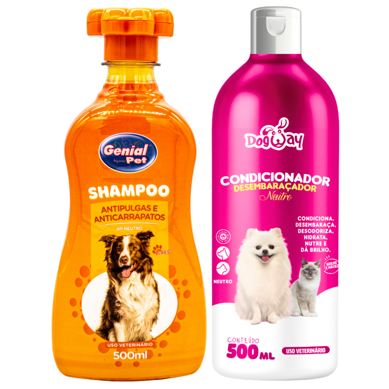 Kit Shampoo Anti Pulgas e Carrapatos + Condicionador Desembaraçador para Cachorro e Gato Genial Pet